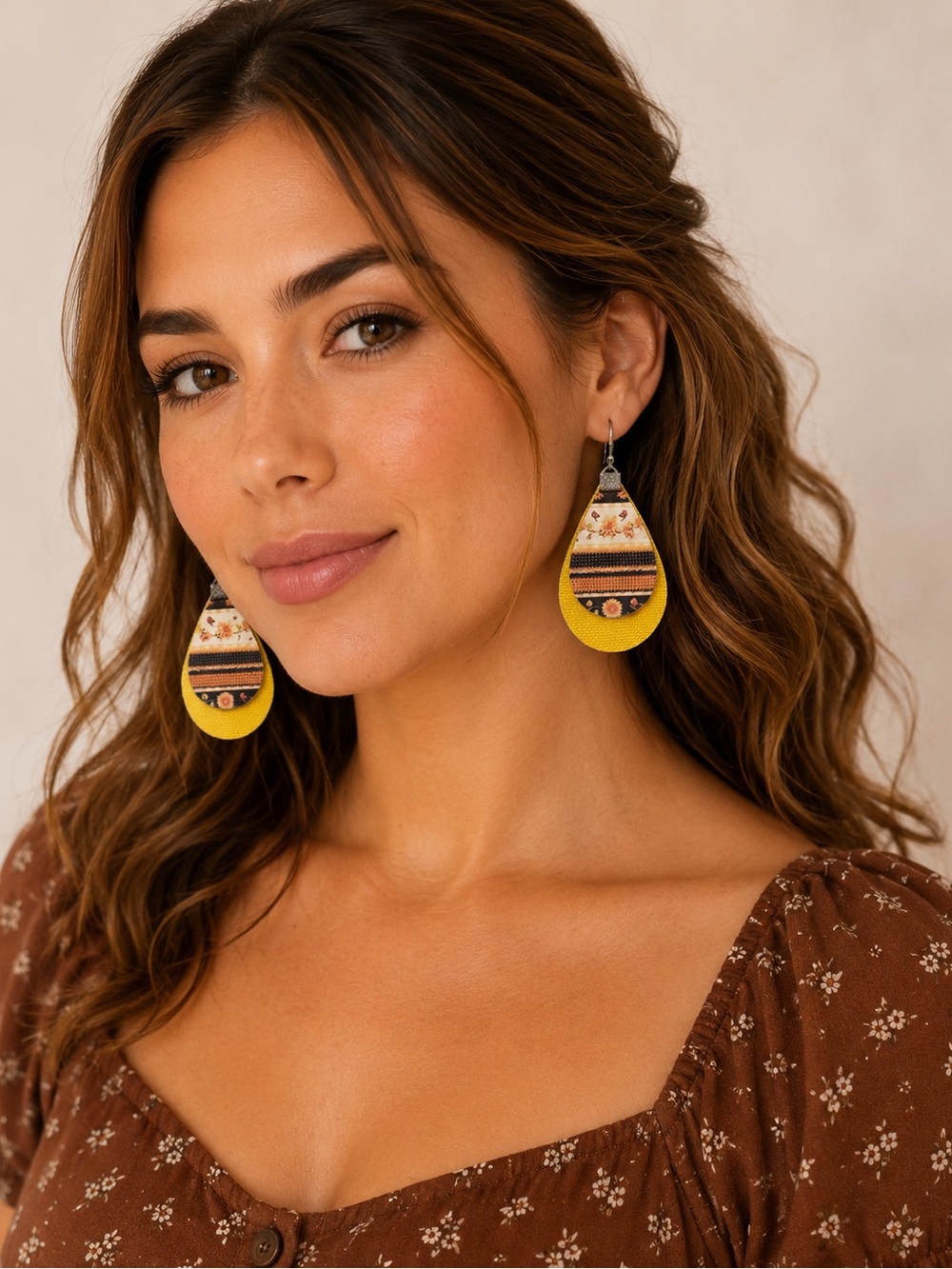 Boho Yellow Teardrop Patterned Earrings